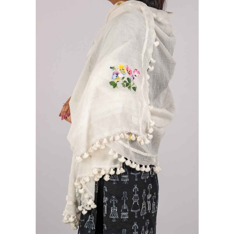 Buy Cotton Stole With Hand Painted Pansy Flowers | Shop Verified Sustainable Womens Dupatta on Brown Living™