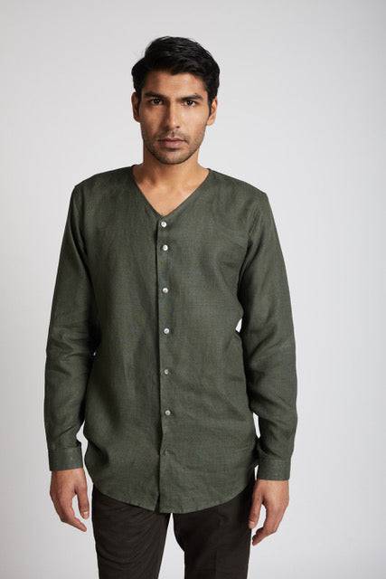 Buy Crescent V-Neck Kurta Bottle Green | Shop Verified Sustainable Mens Kurta on Brown Living™