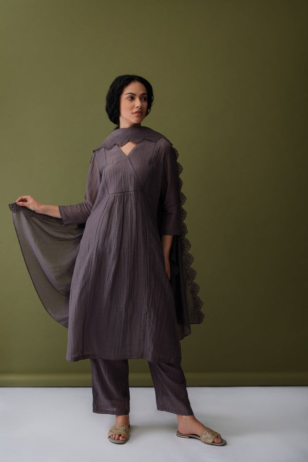 Cupro Grey Kurta Set with Cutwork Odhani | Verified Sustainable Womens Kurta on Brown Living™