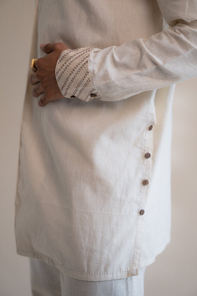 Buy Dawning Angrakha Long Shirt | Kantha detailing | Shop Verified Sustainable Mens Shirt on Brown Living™