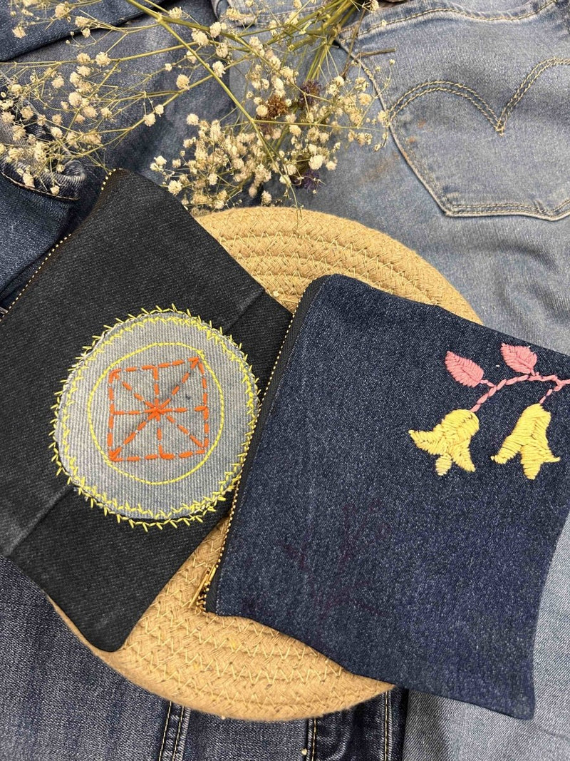 Buy Denim Pouch Combo | Set of 2 | Hand Embroidered | Shop Verified Sustainable Organisers on Brown Living™