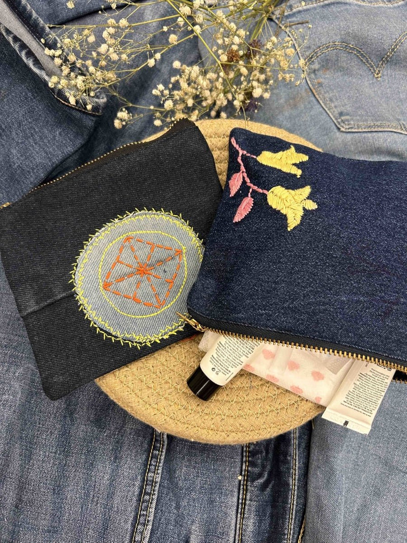 Buy Denim Pouch Combo | Set of 2 | Hand Embroidered | Shop Verified Sustainable Organisers on Brown Living™