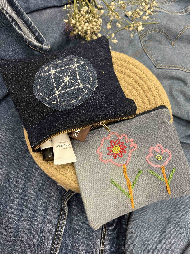 Buy Denim Pouch Combo | Set of 2 | Hand Embroidered | Shop Verified Sustainable Organisers on Brown Living™