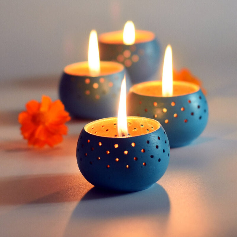 Buy Dome Sky Blue Handmade Candle Holders- Set Of 4 with Free Soywax Candles | Shop Verified Sustainable Candles & Fragrances on Brown Living™