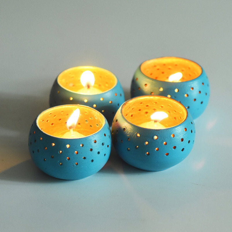 Buy Dome Sky Blue Handmade Candle Holders- Set Of 4 with Free Soywax Candles | Shop Verified Sustainable Candles & Fragrances on Brown Living™