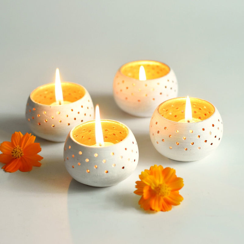 Buy Dome Handmade Candle Holders- White- Set Of 4 with Free Candles | Shop Verified Sustainable Products on Brown Living