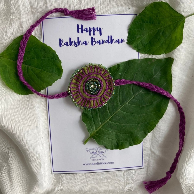 Buy Dual Avtar Hand Embroidered Rakhi- Olive & Purple/ Reusable Rakhi | Shop Verified Sustainable Rakhi on Brown Living™