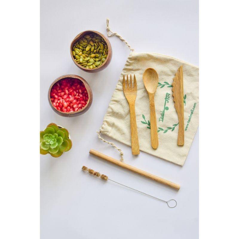 Buy Eco Cutlery - 2 coconut bowls, 1 pack of bamboo cutlery, 1 Straw & a Straw Cleaner Free Cotton Bag | Shop Verified Sustainable Kitchen Tools on Brown Living™