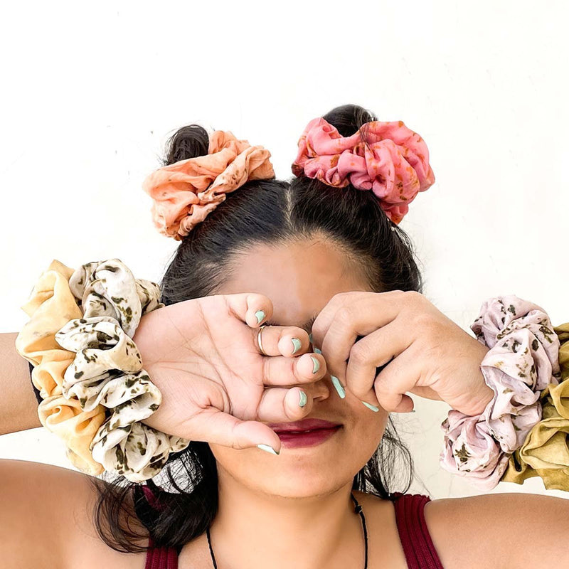 Buy Eco-printed Silk Scrunchies - Set of 3- Peach, Lavender, Oatmeal | Shop Verified Sustainable Hair Styling on Brown Living™