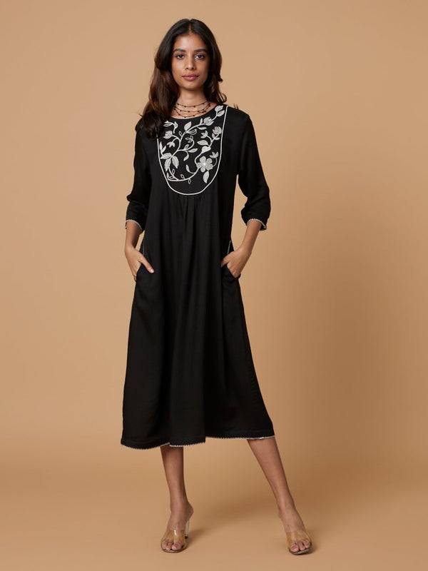 Buy Ecovero Black Yoke Embroidered Dress | Shop Verified Sustainable Womens Dress on Brown Living™