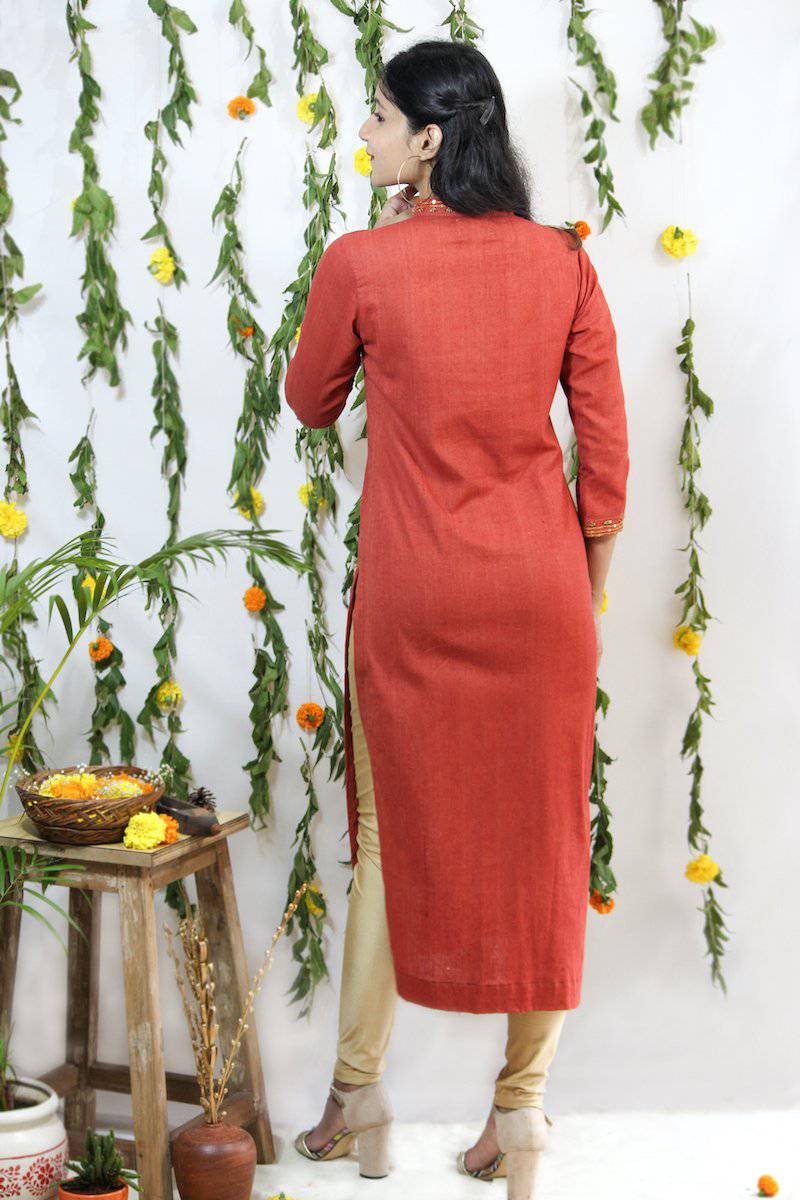 Buy Embroidered Gold on Red Collared 3/4th sleeve Kurti | Shop Verified Sustainable Womens Kurta on Brown Living™