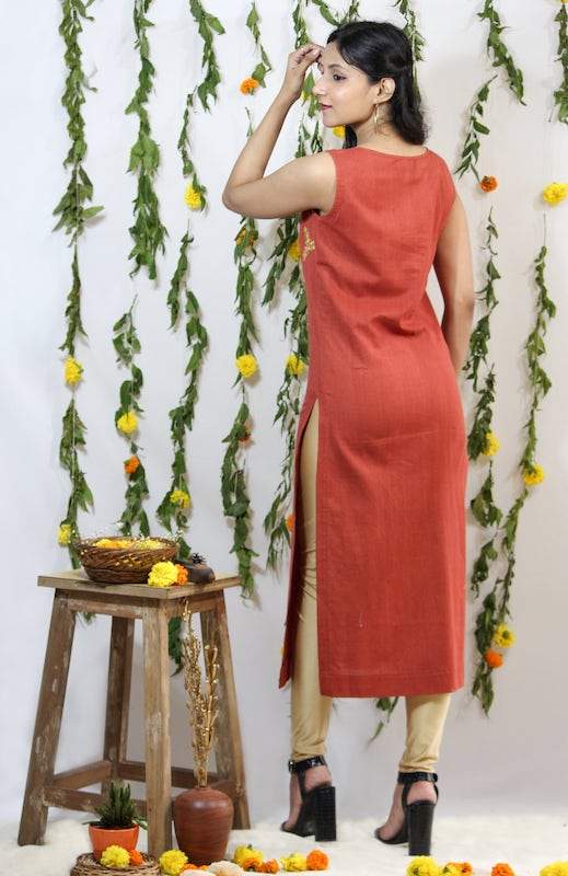 Buy Embroidered Gold on Red Kurti | Shop Verified Sustainable Womens Kurta on Brown Living™