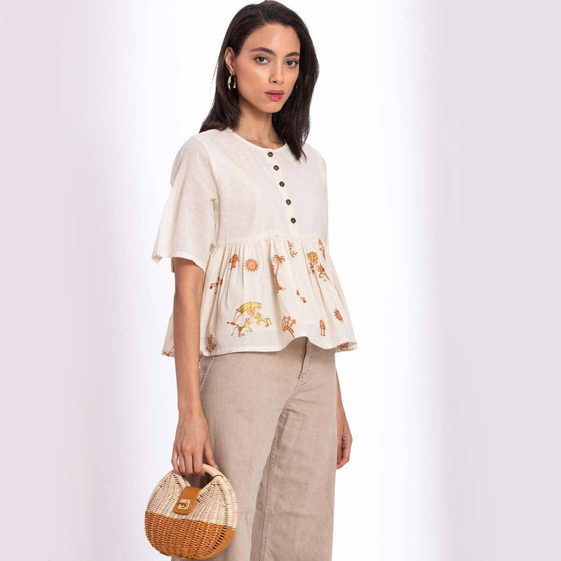 Buy Embroidered Organic Cotton Peplum Top | Shop Verified Sustainable Womens Top on Brown Living™