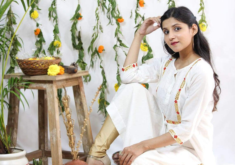 Buy Embroidered Red & Gold on White Kurti | Shop Verified Sustainable Womens Kurta on Brown Living™