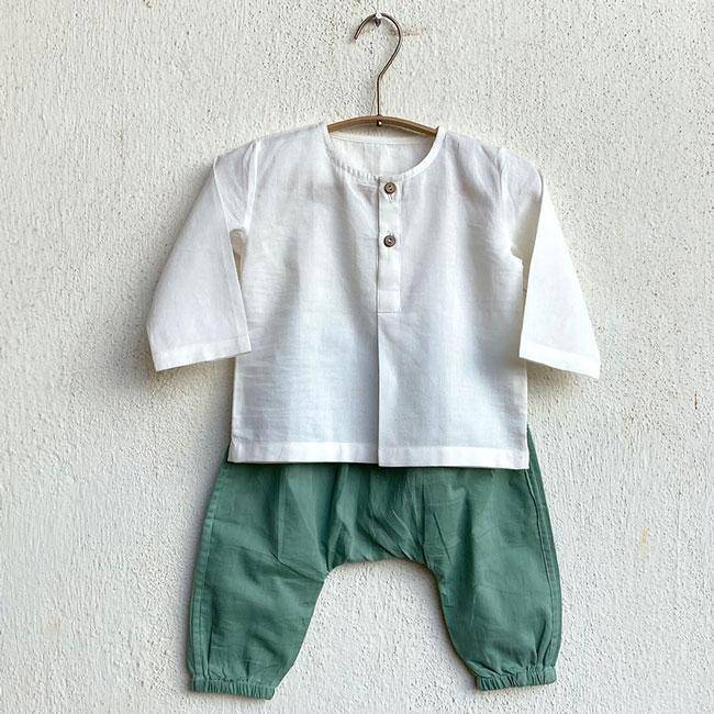 Buy Essential White Kurta with Mint Pants | Shop Verified Sustainable Kids Daywear Sets on Brown Living™