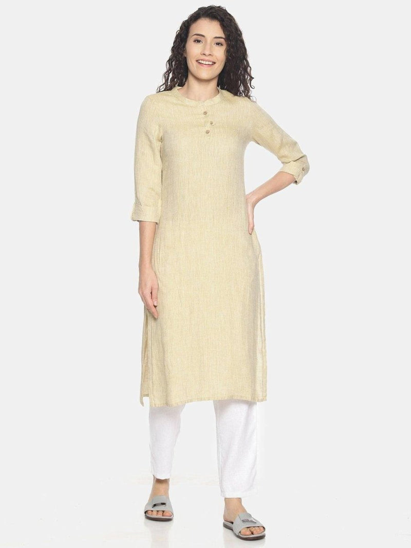 Buy Fawn Colour Solid Hemp Straight Long Kurta for Women | Shop Verified Sustainable Womens Kurta on Brown Living™