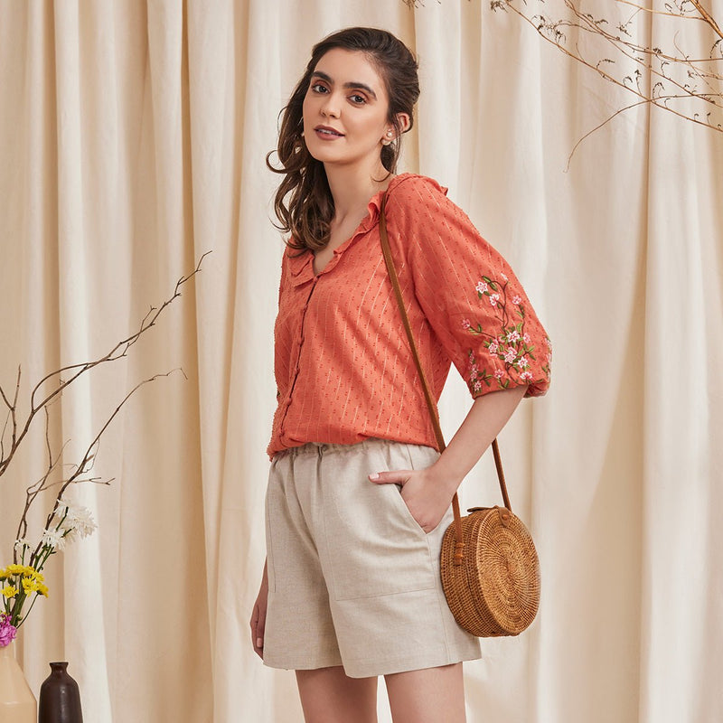 Buy Fiona - Organic Cotton Blouse with Embroidered Sleeves - Orange | Shop Verified Sustainable Womens Top on Brown Living™