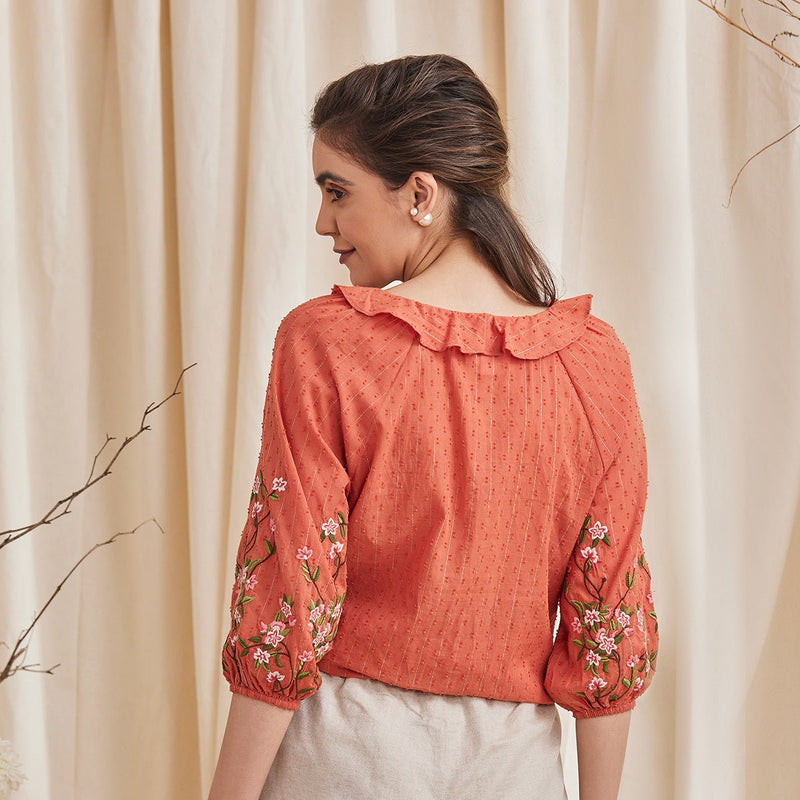 Buy Fiona - Organic Cotton Blouse with Embroidered Sleeves - Orange | Shop Verified Sustainable Womens Top on Brown Living™