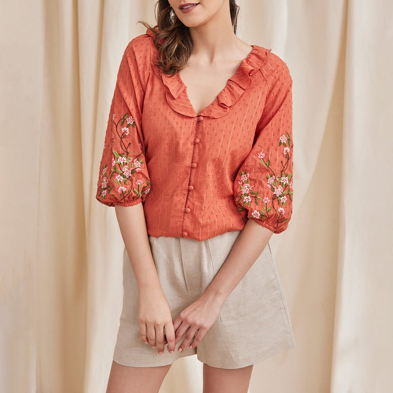 Buy Fiona - Organic Cotton Blouse with Embroidered Sleeves - Orange | Shop Verified Sustainable Womens Top on Brown Living™