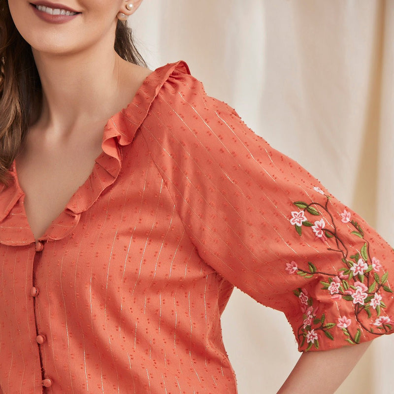 Buy Fiona - Organic Cotton Blouse with Embroidered Sleeves - Orange | Shop Verified Sustainable Womens Top on Brown Living™