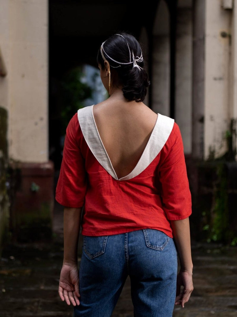 Buy Fire Red Top | 100% Handwoven Cotton Fabric | Stylish Red Top with Inverse Lapel Collar | Shop Verified Sustainable Womens Top on Brown Living™