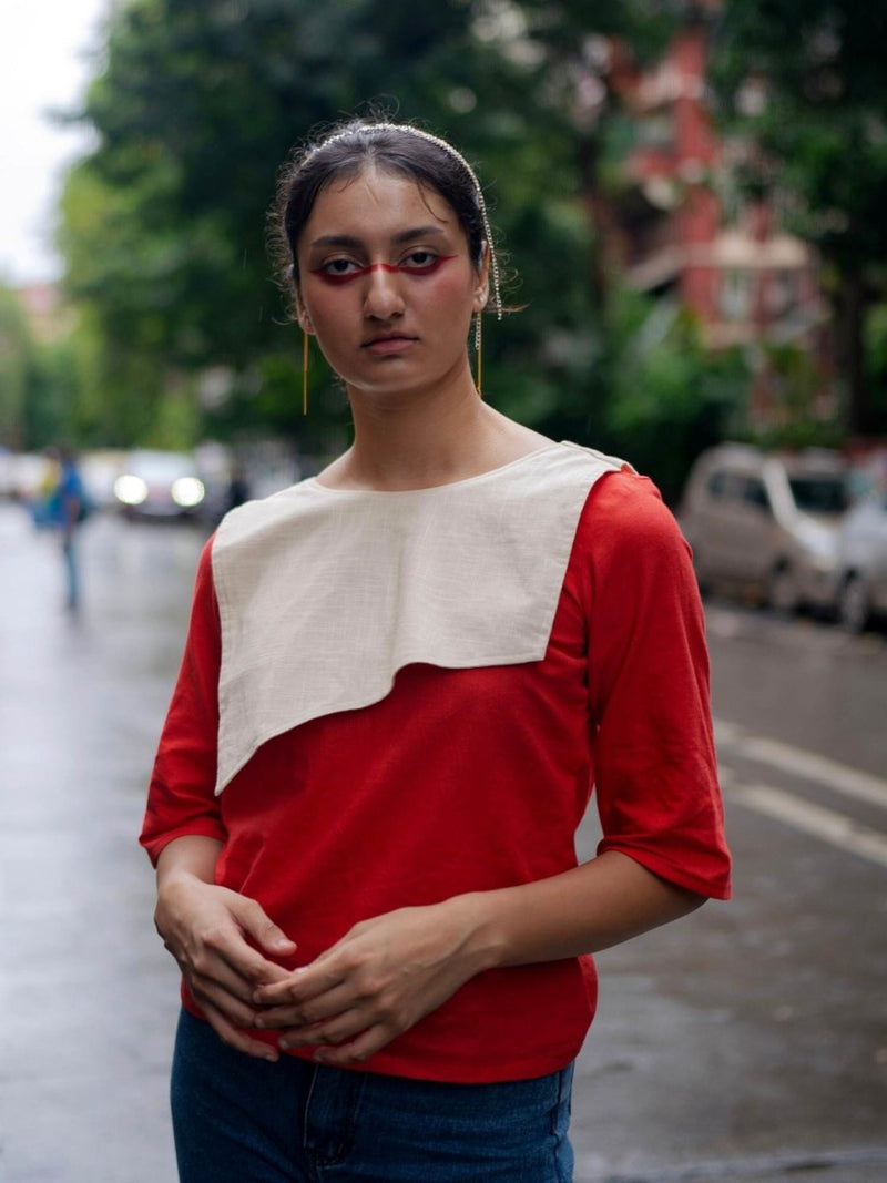 Buy Fire Red Top | 100% Handwoven Cotton Fabric | Stylish Red Top with Inverse Lapel Collar | Shop Verified Sustainable Womens Top on Brown Living™