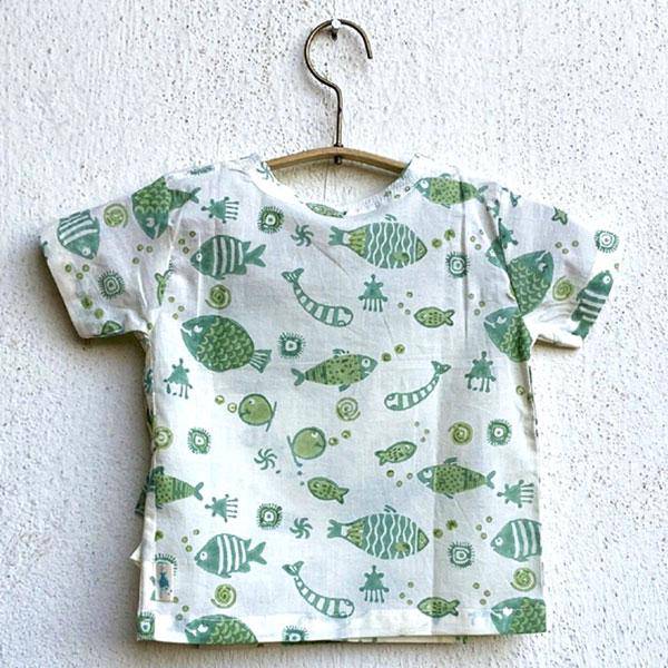 Buy Fish Print Angarakha Top with Mint Pants | Shop Verified Sustainable Kids Daywear Sets on Brown Living™