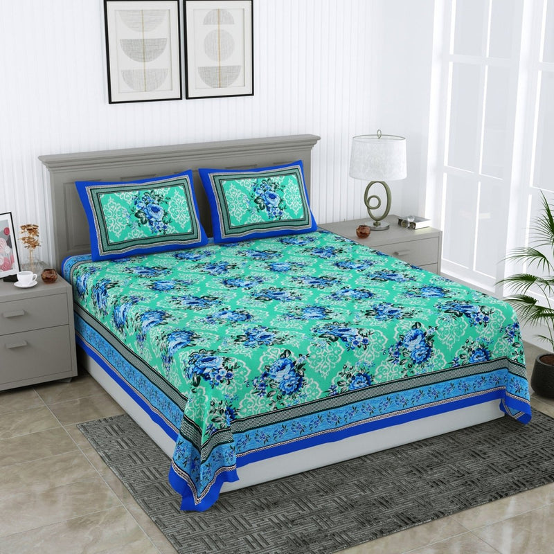 Buy Floral Jaipuri Hand Printed Queen Size Cotton Blue Bedsheet with Pillow Covers | Shop Verified Sustainable Products on Brown Living