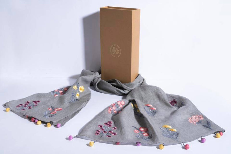 Buy Grey Linen Scarf With Embroidered Flower Bunches & Fancy Tassels | Shop Verified Sustainable Womens Scarf on Brown Living™