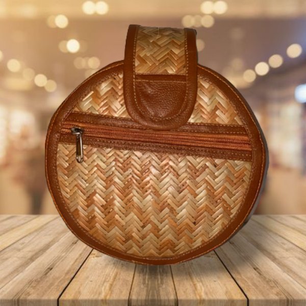 Handcrafted Round Shital Pati & Jute Sling Bag | Verified Sustainable Womens Handbag on Brown Living™