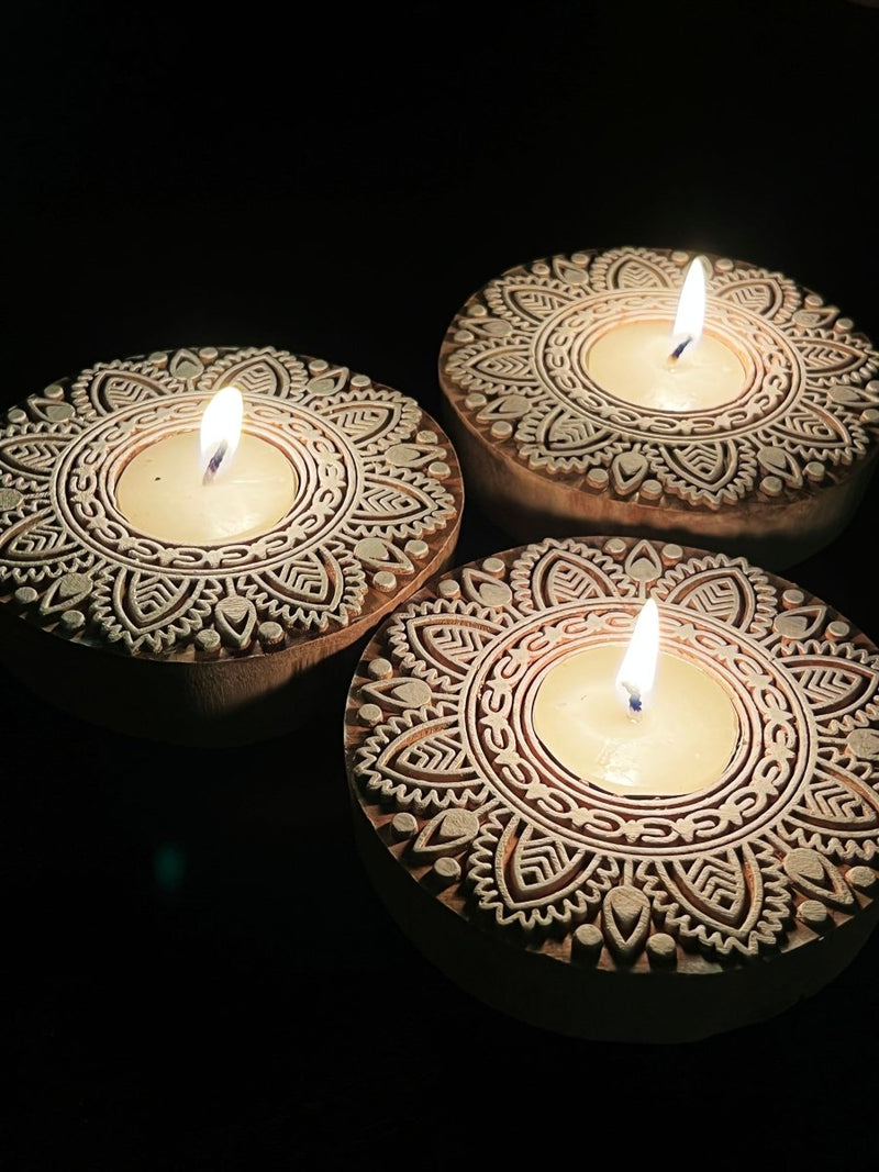 Buy Handcrafted Wooden Diya | Tea light holders | Round | Shop Verified Sustainable Pooja Needs on Brown Living™