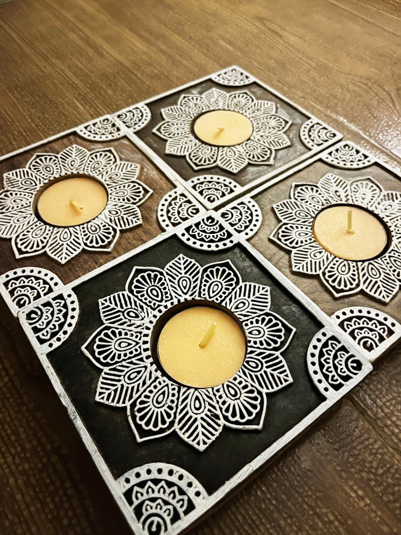 Buy Handcrafted Wooden Diya | Tea light holders | Square Rangoli Design | Shop Verified Sustainable Gift on Brown Living™