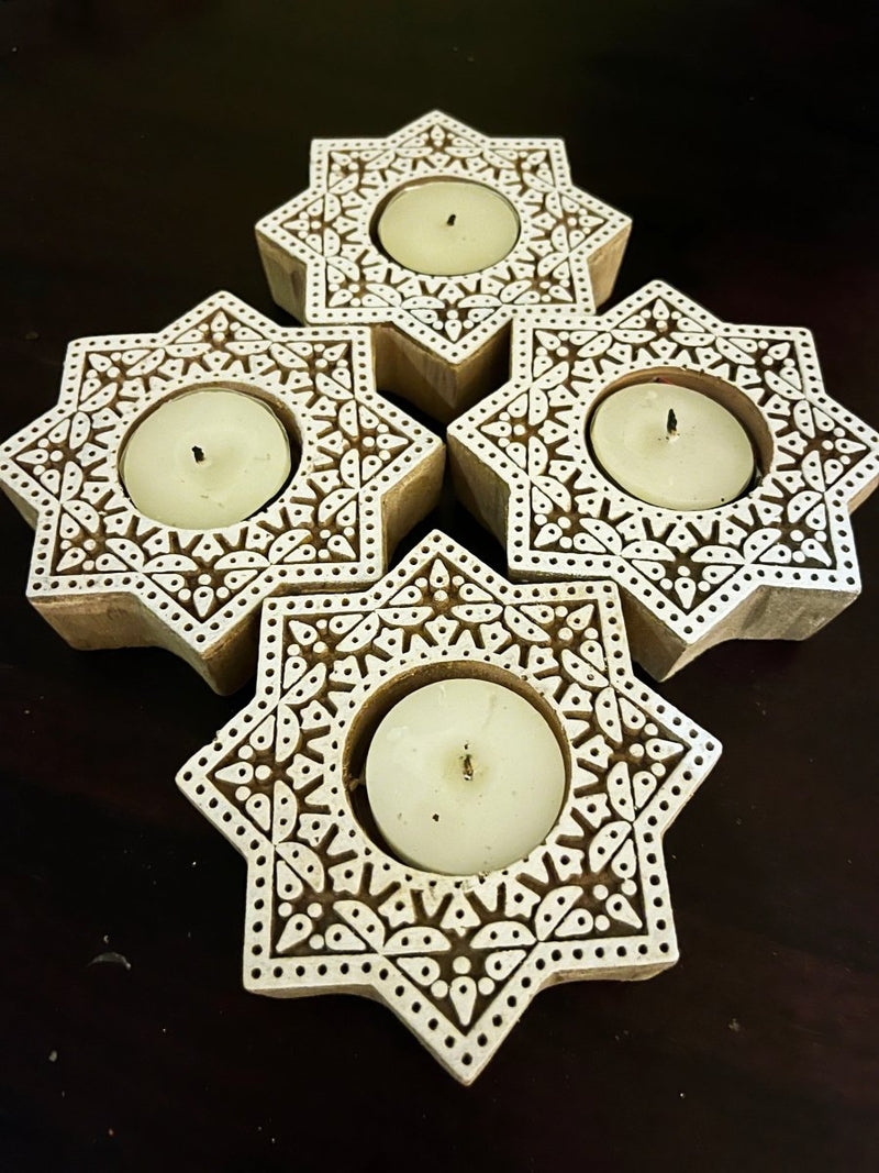 Buy Handcrafted Wooden Diya | Tea light holders | Star Design | Shop Verified Sustainable Gift on Brown Living™