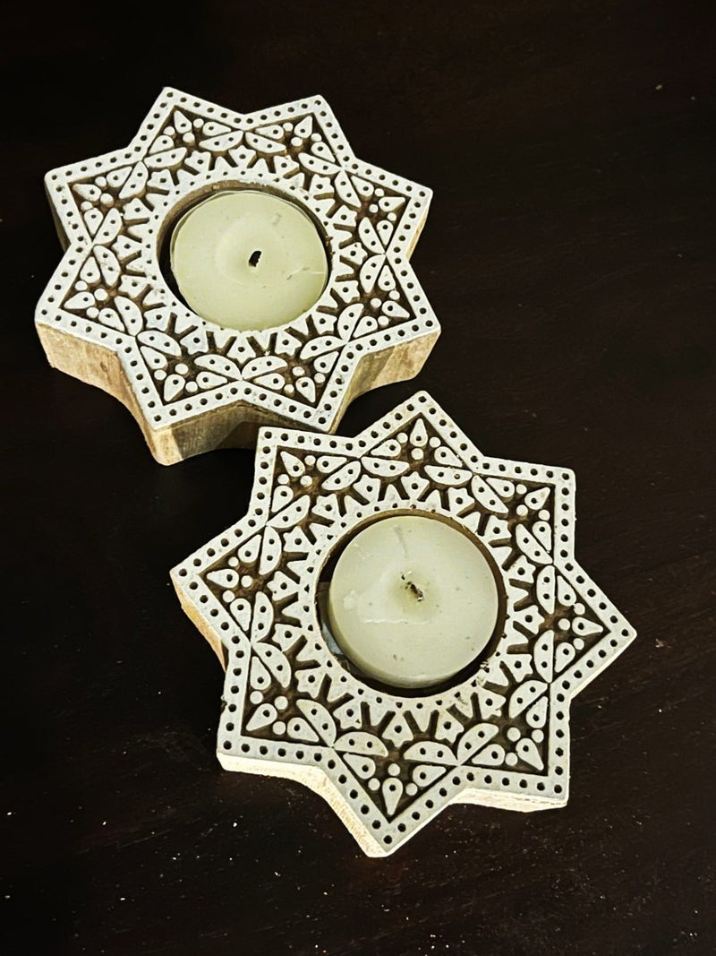 Buy Handcrafted Wooden Diya | Tea light holders | Star Design | Shop Verified Sustainable Gift on Brown Living™