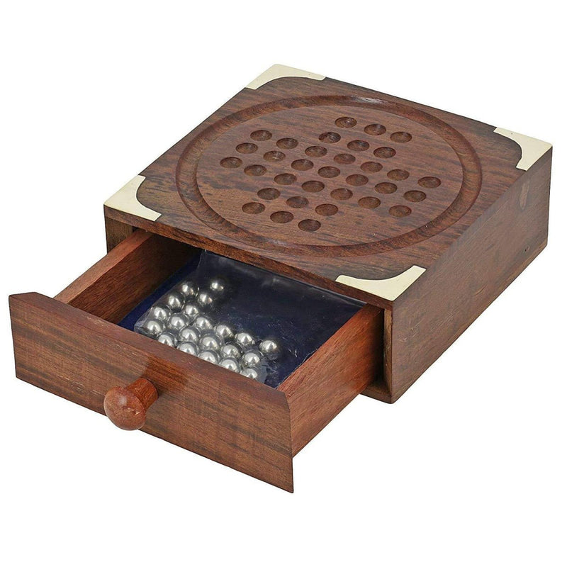 Buy Handmade Indian Wooden Solitaire Board Game with Steel Beads | Shop Verified Sustainable Learning & Educational Toys on Brown Living™