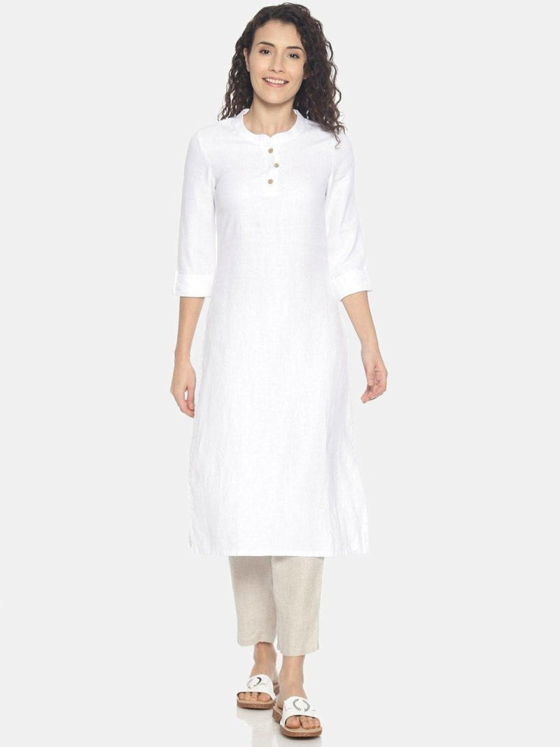 Buy Herringbone White Colour Solid Hemp Straight Long Kurta For Women | Shop Verified Sustainable Womens Kurta on Brown Living™