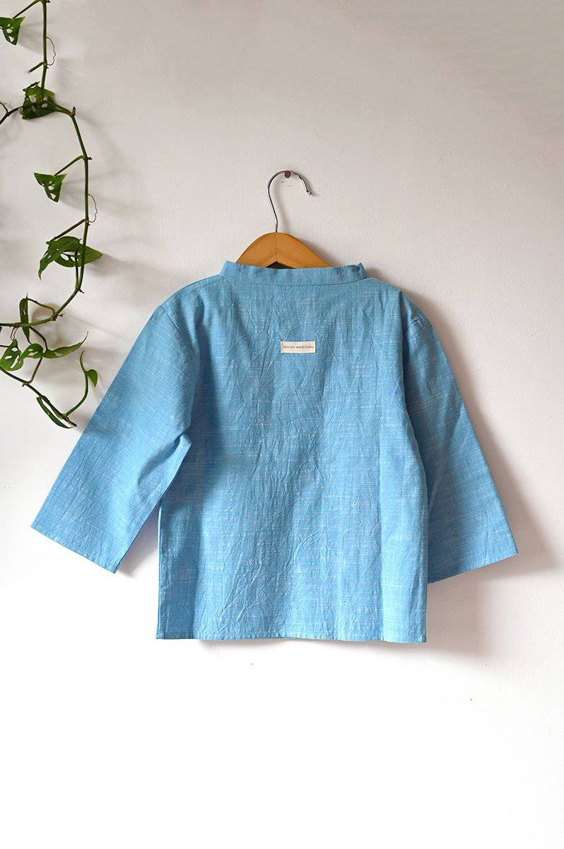 Buy Hug' Unisex Full Sleeve Tie Up Shirt In Slub Blue | Shop Verified Sustainable Kids Tops on Brown Living™