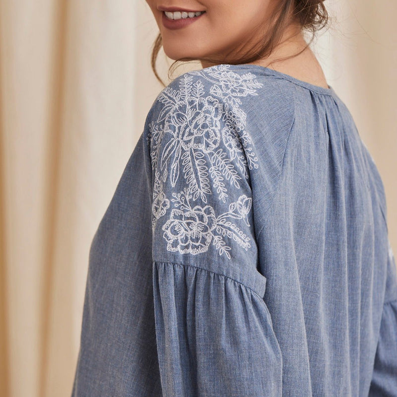 Buy Hyacinth - Organic Cotton Peasant Top with Embroidery - Blue | Shop Verified Sustainable Womens Top on Brown Living™