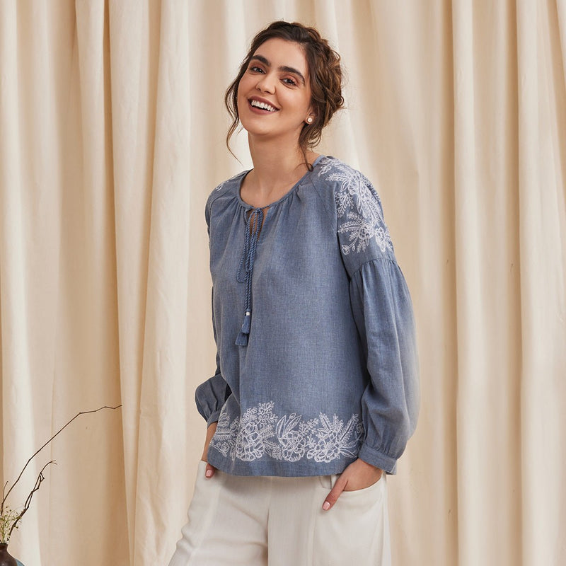 Buy Hyacinth - Organic Cotton Peasant Top with Embroidery - Blue | Shop Verified Sustainable Womens Top on Brown Living™