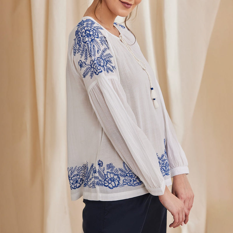 Buy Hyacinth - Organic Cotton Peasant Top with Embroidery - White | Shop Verified Sustainable Womens Top on Brown Living™