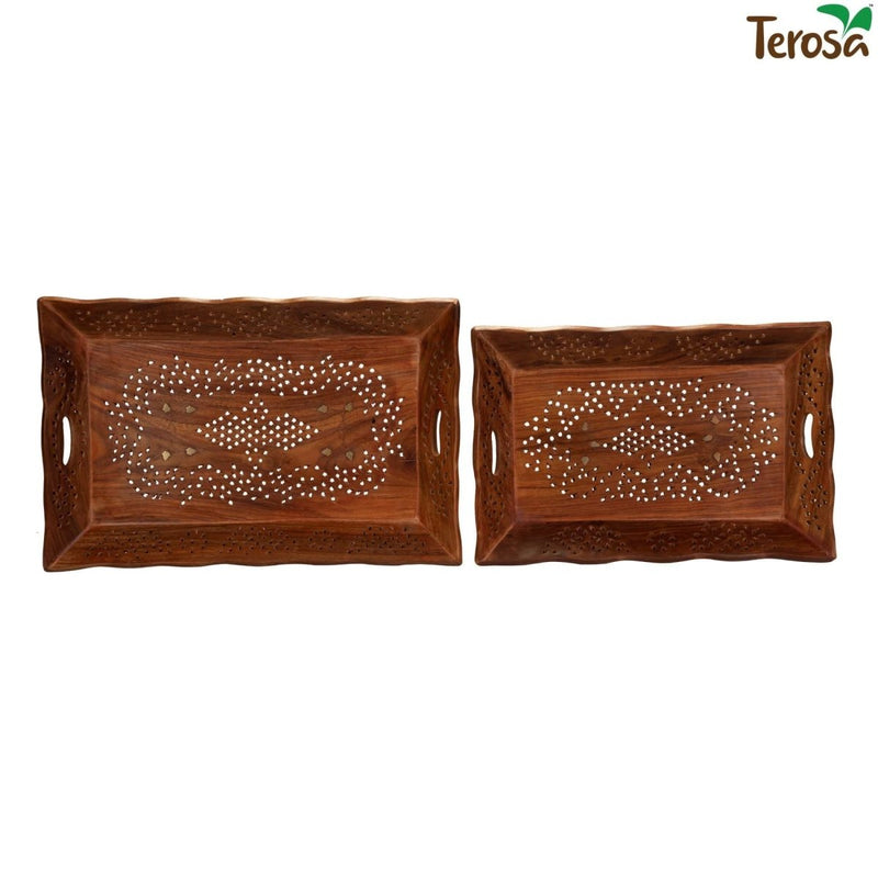 Buy Indian Rosewood Sheesham Designer Handcrafted Serving Tray Set I 14x9.5 & 12x8.5in | Shop Verified Sustainable Serving Set on Brown Living™