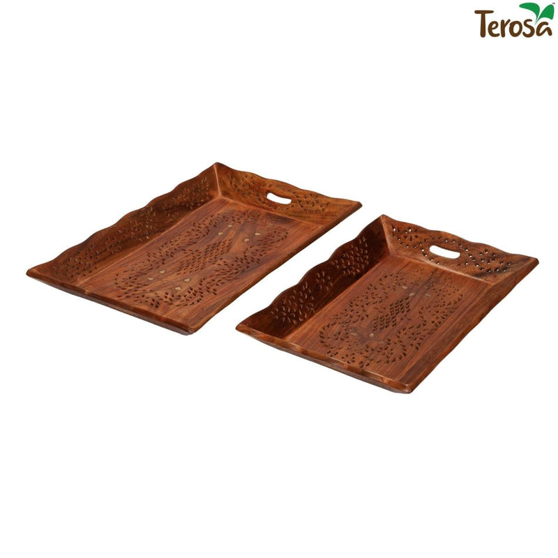 Buy Indian Rosewood Sheesham Designer Handcrafted Serving Tray Set I 14x9.5 & 12x8.5in | Shop Verified Sustainable Serving Set on Brown Living™