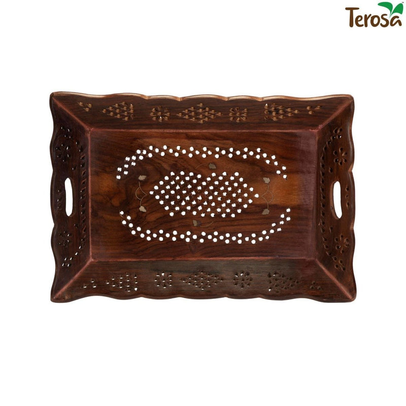 Buy Indian Rosewood Sheesham Designer Handcrafted Serving Tray Std I 12.5x8.5in | Shop Verified Sustainable Serving Set on Brown Living™