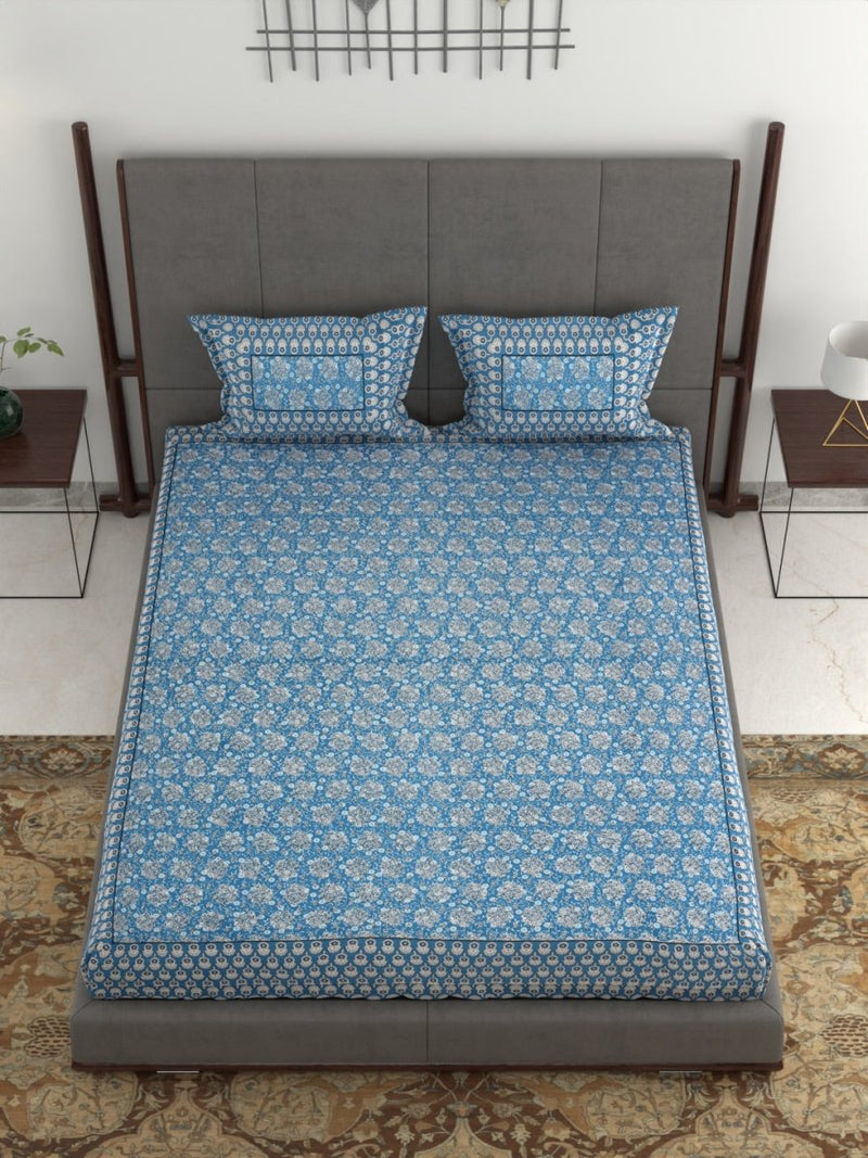 Jaipuri Hand Printed King Size 400 TC Cotton Bedsheet with Pillow Covers- Blue | Verified Sustainable Bed Linens on Brown Living™