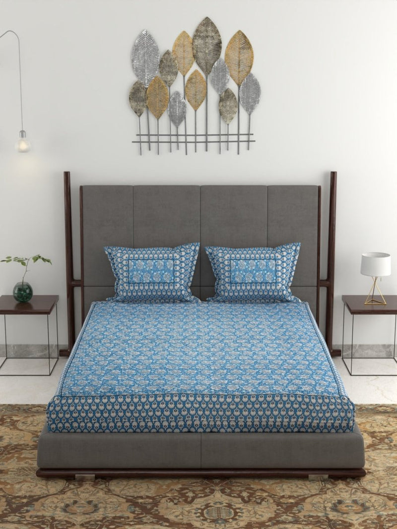 Jaipuri Hand Printed King Size 400 TC Cotton Bedsheet with Pillow Covers- Blue | Verified Sustainable Bed Linens on Brown Living™