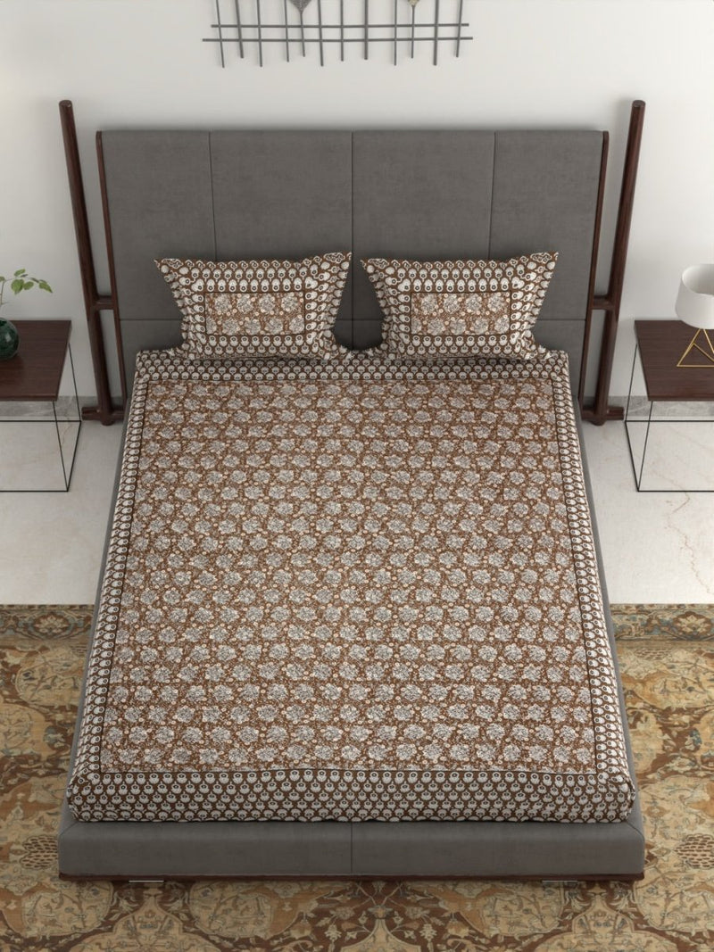 Jaipuri Hand Printed King Size 400 TC Cotton Bedsheet with Pillow Covers- Coffee | Verified Sustainable Bed Linens on Brown Living™