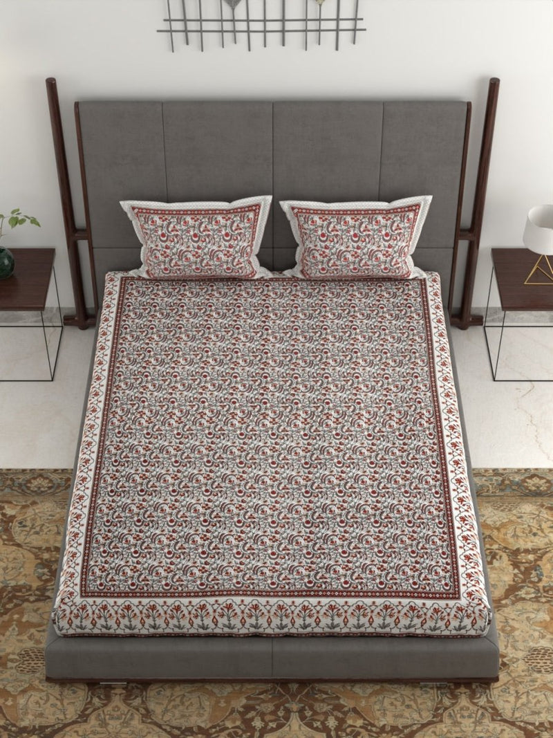 Jaipuri Hand Printed King Size 400 TC Cotton Bedsheet with Pillow Covers- Grey | Verified Sustainable Bed Linens on Brown Living™