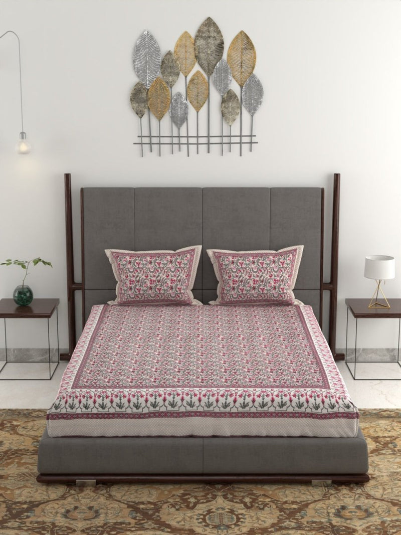 Jaipuri Hand Printed King Size 400 TC Cotton Bedsheet with Pillow Covers- Pink | Verified Sustainable Bed Linens on Brown Living™