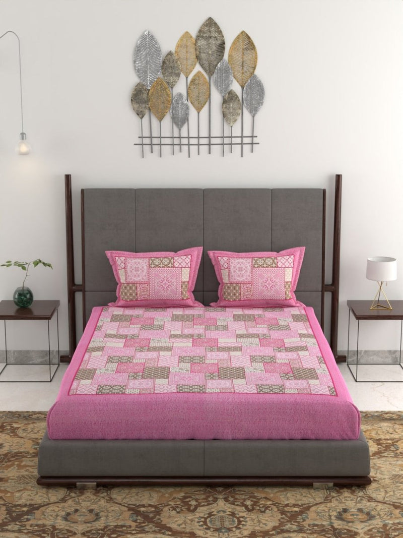 Jaipuri Hand Printed King Size 400 TC Cotton Bedsheet with Pillow Covers- Pink | Verified Sustainable Bed Linens on Brown Living™