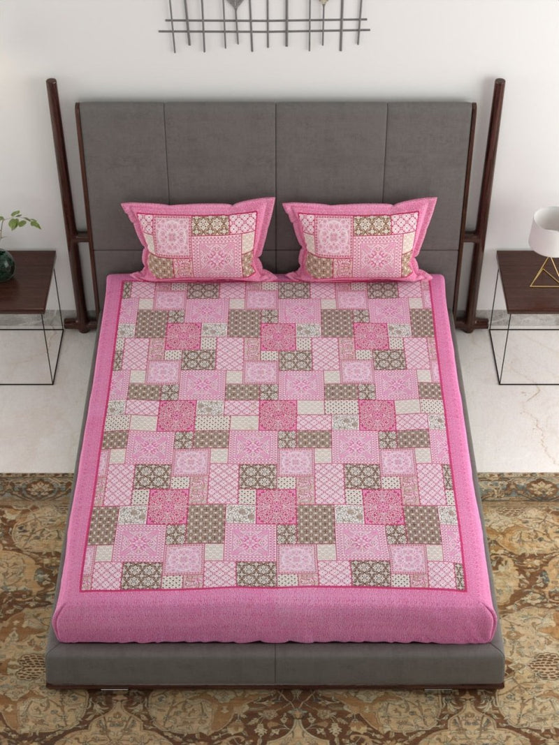 Jaipuri Hand Printed King Size 400 TC Cotton Bedsheet with Pillow Covers- Pink | Verified Sustainable Bed Linens on Brown Living™